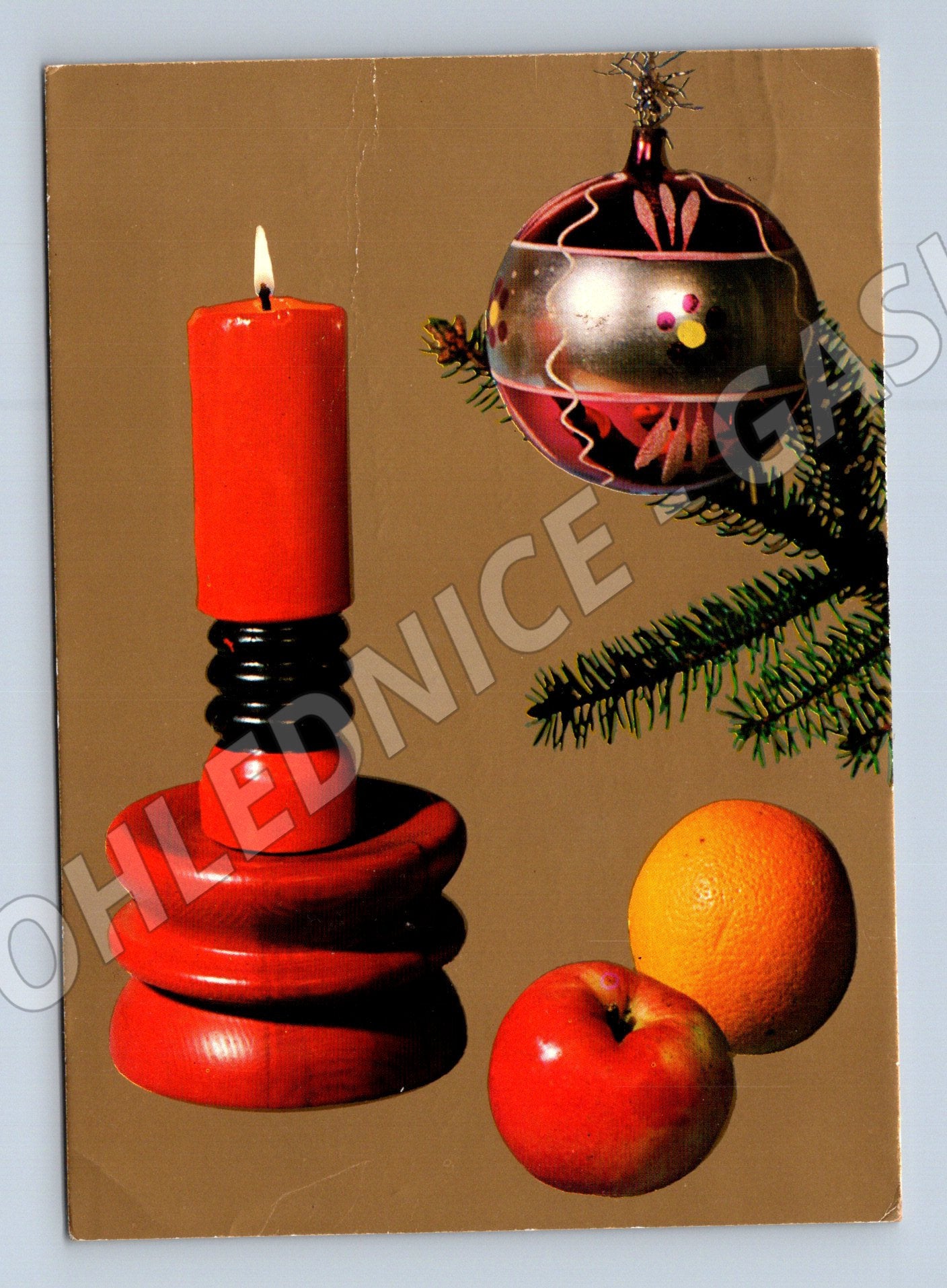 Pohlednice Vánoční novoroční motiv baňka svíčka 1977 (M27165)