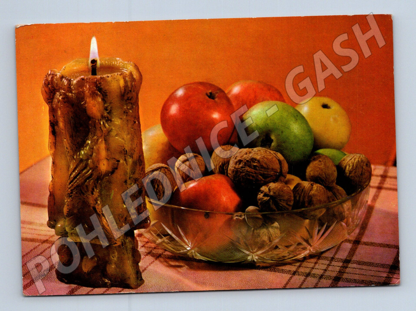Pohlednice Vánoce zátiší svíčka ovoce ořechy 1969 (M27167)