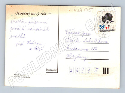 Pohlednice Novoroční motiv hodiny svíčka 1991 (M27175)