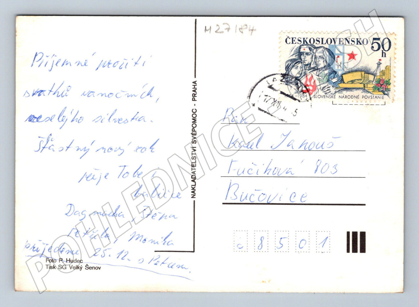 Pohlednice Vánoční motiv svíčka a jehličí 1965 (M27184)
