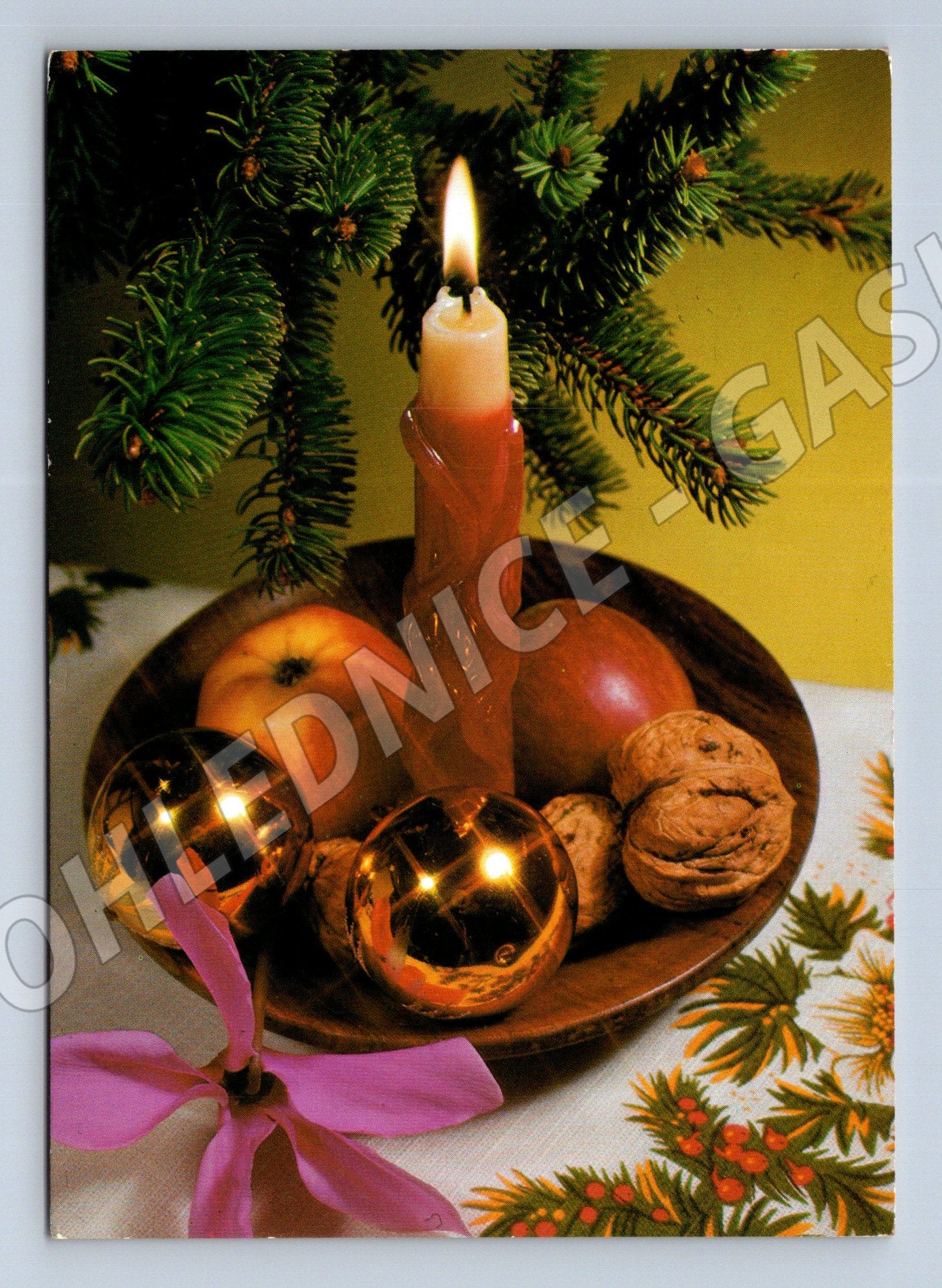 Pohlednice Vánoční zátiší svíčka jablka 1988 (M27187)