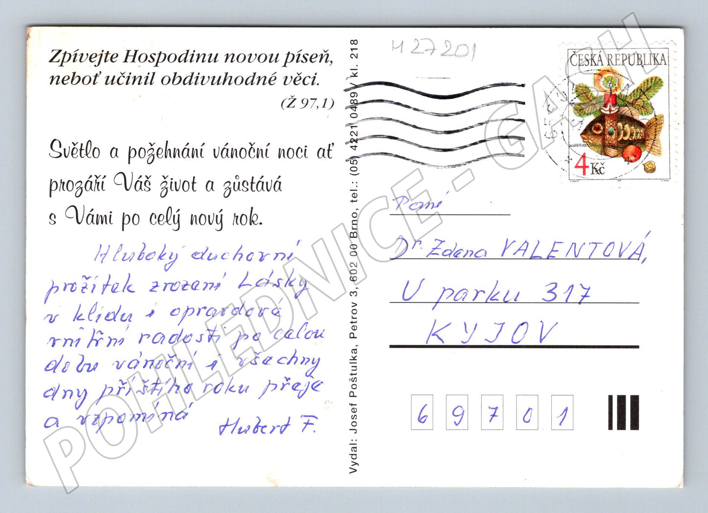 Pohlednice Vánoční s růží a kapkami rosy (M27201)