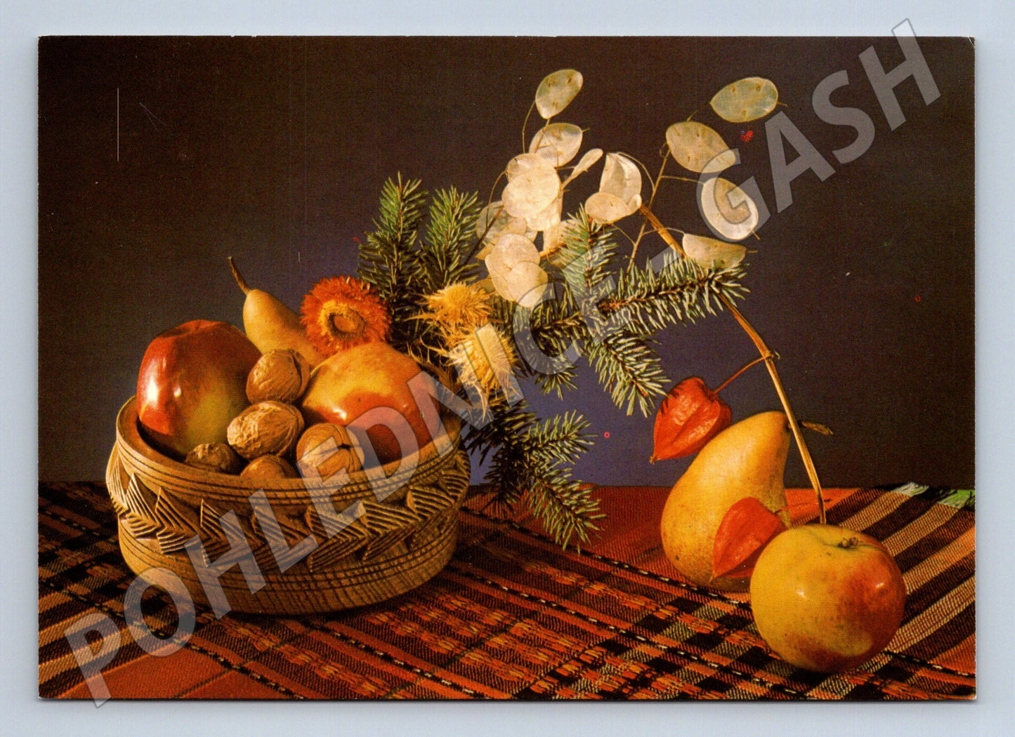 Pohlednice zátiší s ovocem a vánoční dekorací 1982 (M27207)