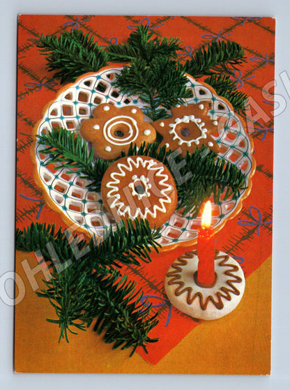 Pohlednice vánoční perníčky svíčka 1980 (M27212)