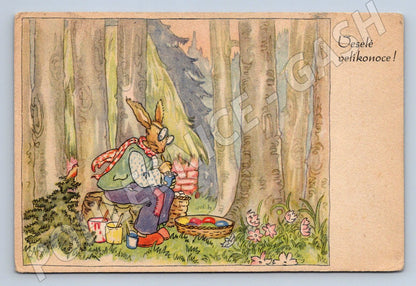 Pohlednice zajíc maluje vajíčka česká velikonoční (M2723)