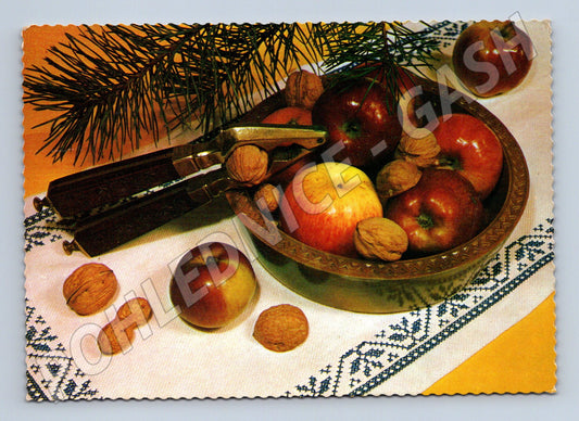 Pohlednice Vánoční zátiší ovoce ořechy 1970 (M27240)