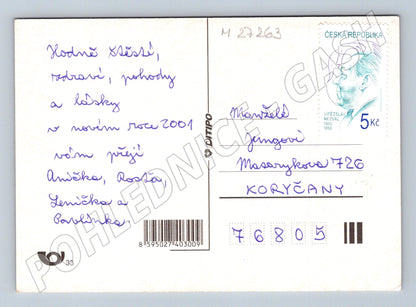 Pohlednice vánoční okno zasněžená krajina 2001 (M27263)