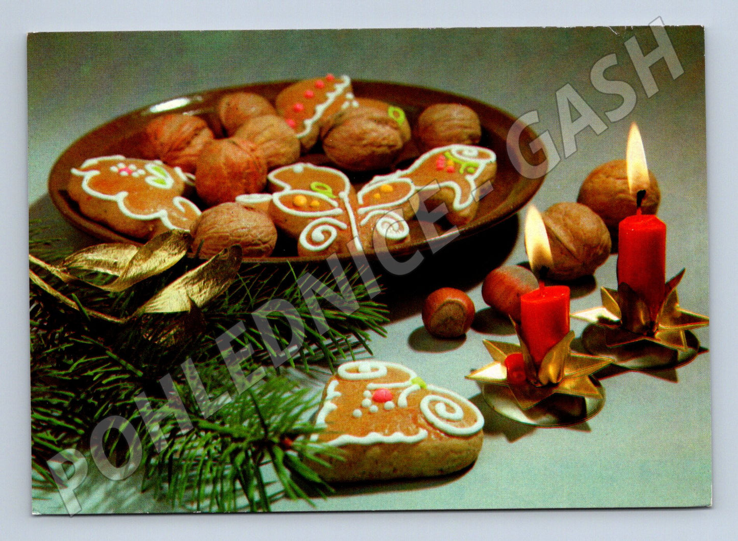 Pohlednice Vánoční motiv cukroví svíčky 1990 (M27272)