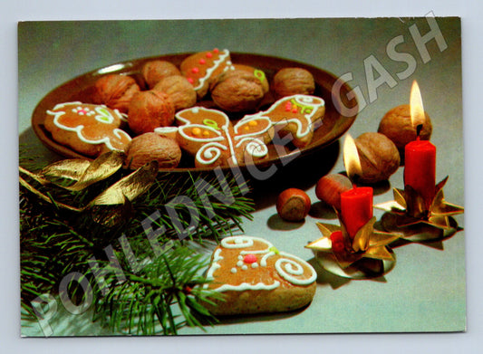 Pohlednice Vánoční motiv cukroví svíčky 1990 (M27272)