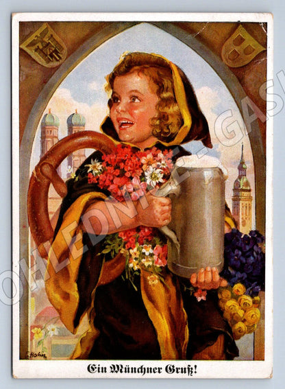 Pohlednice bavorská dívka půllitr a preclík Mnichov (M2731)