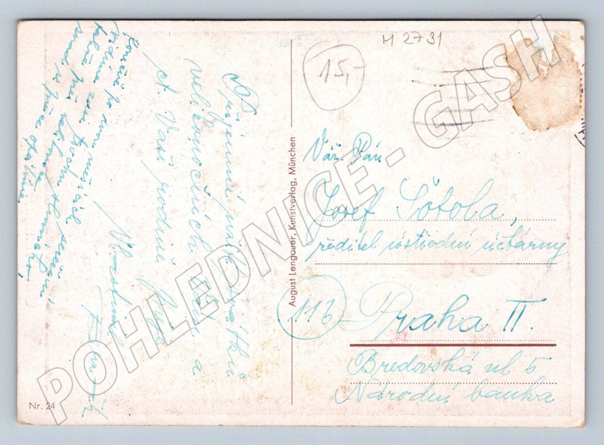 Pohlednice bavorská dívka půllitr a preclík Mnichov (M2731)