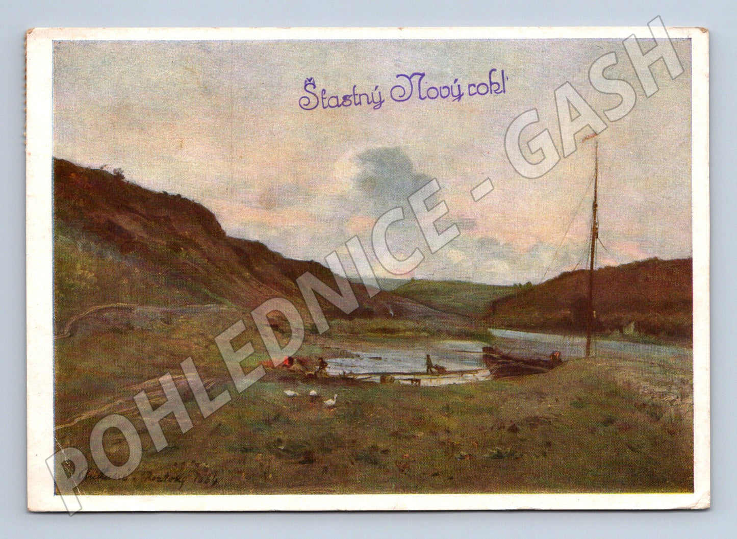 Pohlednice Novoroční Údolí Vltavy u Roztok 1956 (M27322)