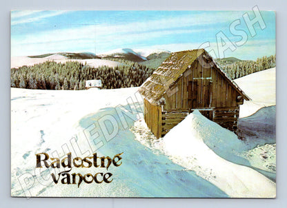 Pohlednice Radostné Vánoce horská chata sníh 1982 (M27328)