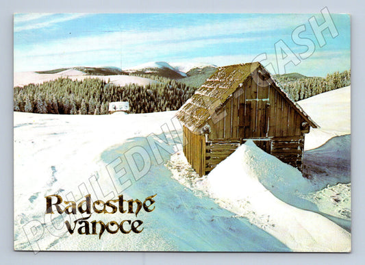 Pohlednice Radostné Vánoce horská chata sníh 1982 (M27328)