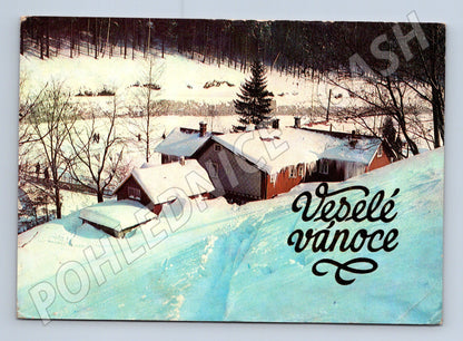 Pohlednice Veselé vánoce zimní krajina s chalupami (M27329)