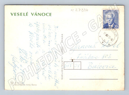 Pohlednice zimní chalupa zasněžená krajina 1973 (M27334)