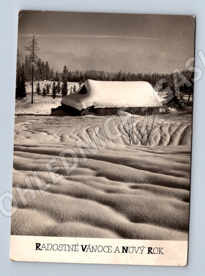 Pohlednice zimní krajina s textem Vánoce a Nový rok 1951 (M27386)