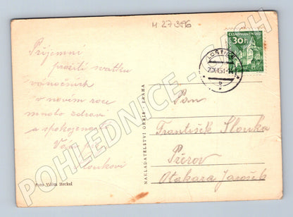 Pohlednice zimní krajina s textem Vánoce a Nový rok 1951 (M27386)