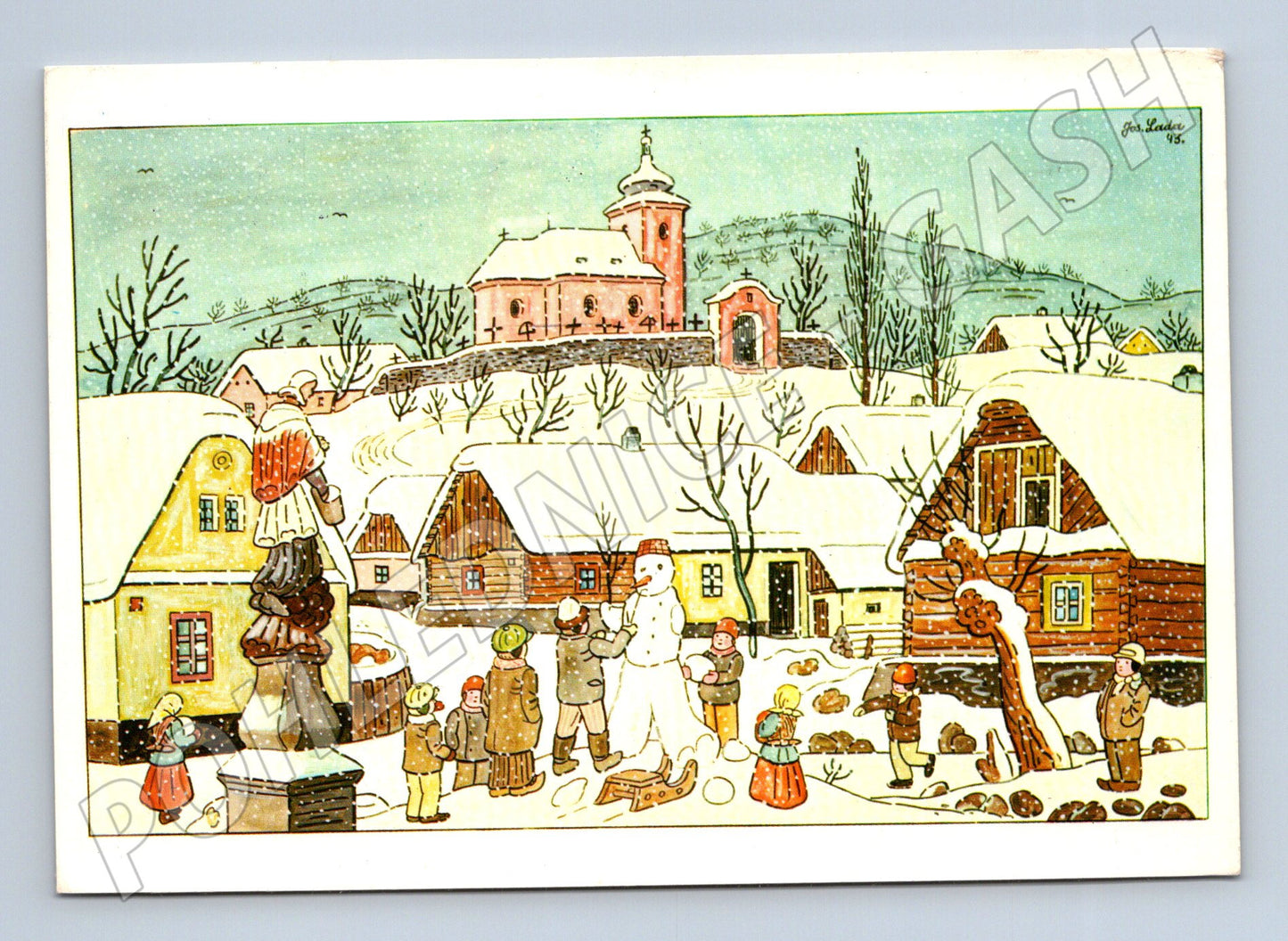 Pohlednice Vánoční Josef Lada zimní krajina 1989 (M27416)