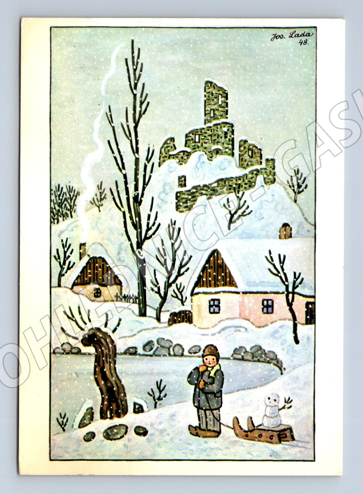 Pohlednice zimní vesnice Josef Lada 1948 (M27418)