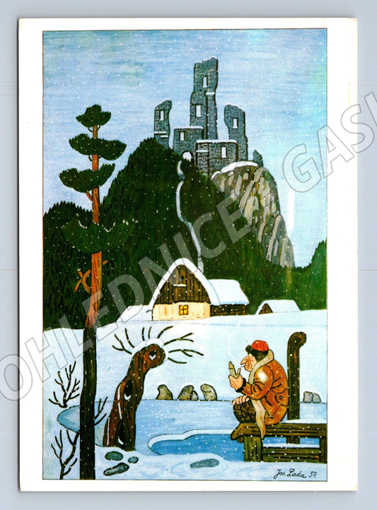 Pohlednice Vánoční Josef Lada Zima krmení ptáčků 1983 (M27426)