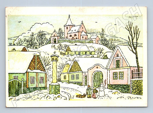 Pohlednice Vánoční Josef Lada zasněžená vesnice 1981 (M27431)