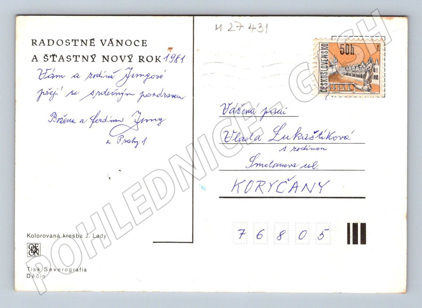 Pohlednice Vánoční Josef Lada zasněžená vesnice 1981 (M27431)