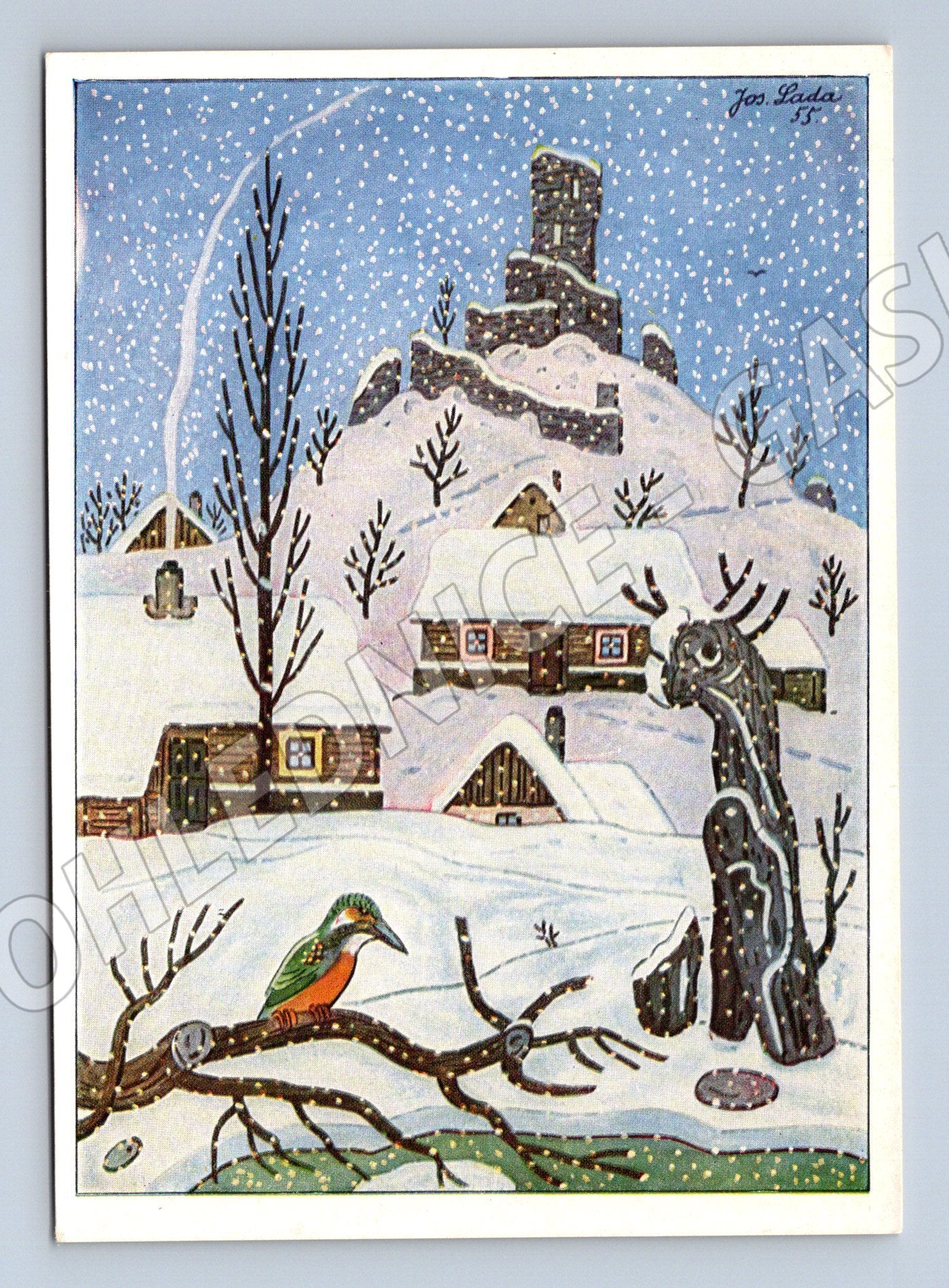 Pohlednice vánoční Josef Lada zimní krajina 1955 (M27452)