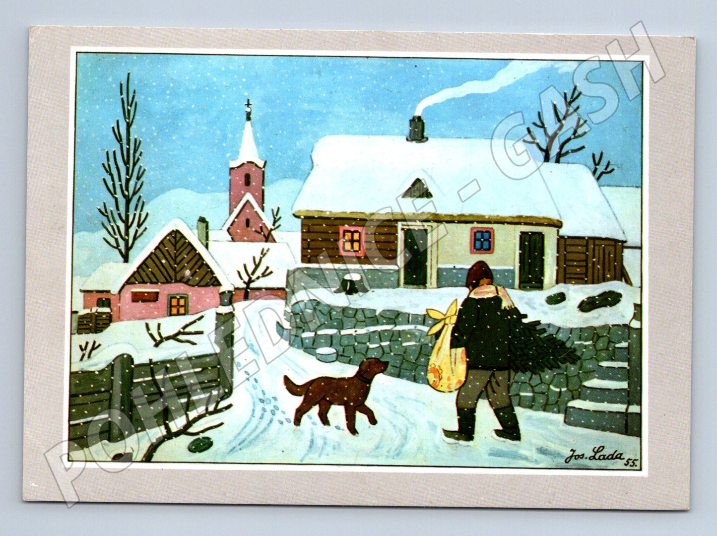 Pohlednice Josef Lada Vánoční stromek zimní motiv 1955 (M27454)