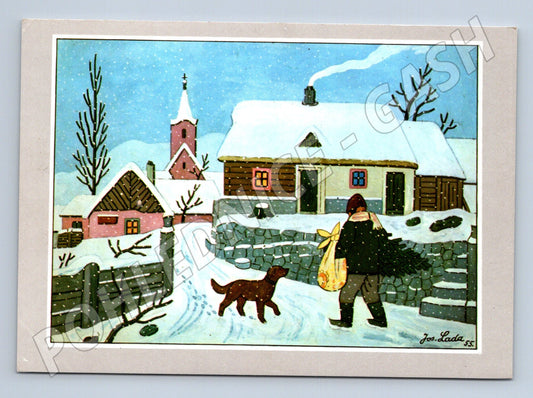 Pohlednice Josef Lada Vánoční stromek zimní motiv 1955 (M27454)