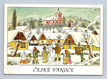 Pohlednice České Vánoce Josef Lada zimní vesnice 1993 (M27457)
