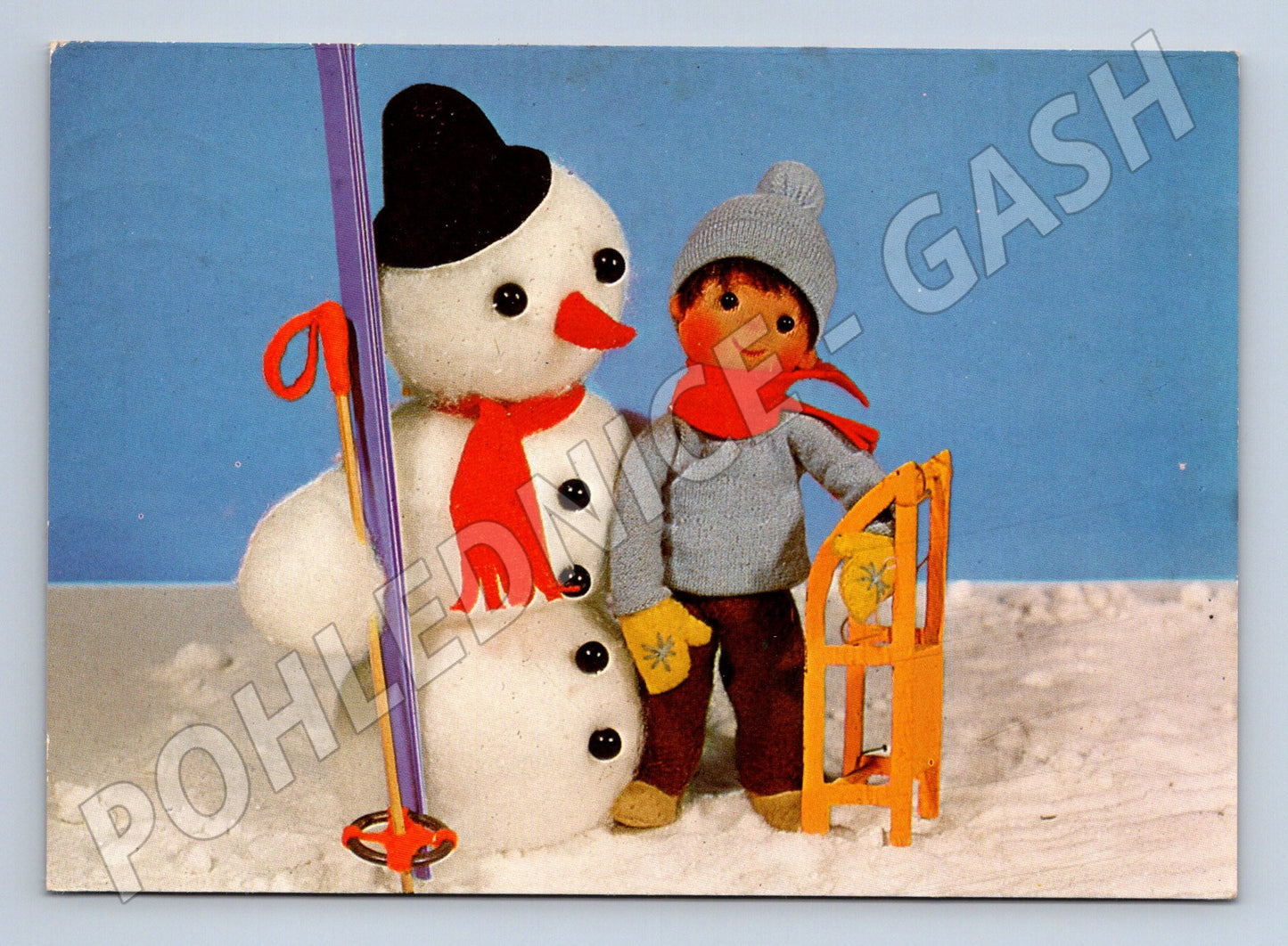 Pohlednice Vánoční sněhulák a chlapec 1989 (M27504)