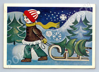 Pohlednice chlapec veze vánoční stromek sáně 1978 (M27514)