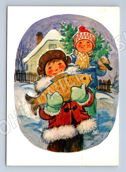 Pohlednice Novoroční motiv děti s rybou 1985 (M27516)