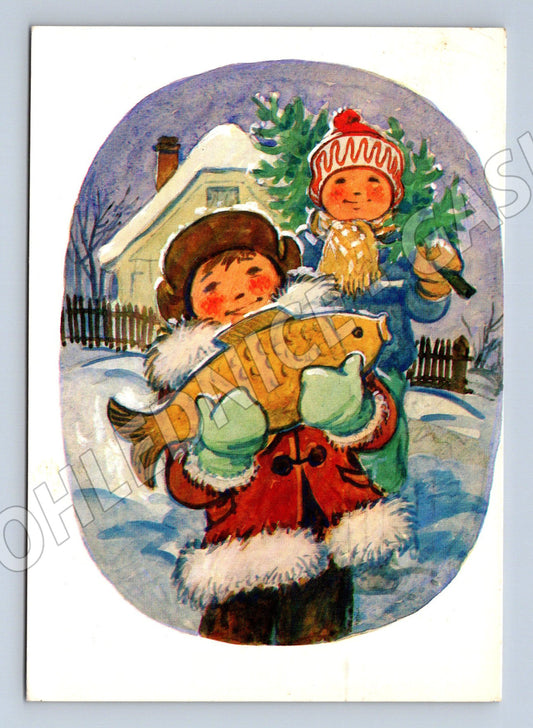 Pohlednice Novoroční motiv děti s rybou 1985 (M27516)