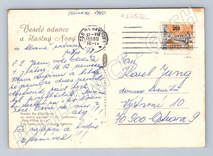 Pohlednice Vánoce babička děti kočka 1980 (M27532)