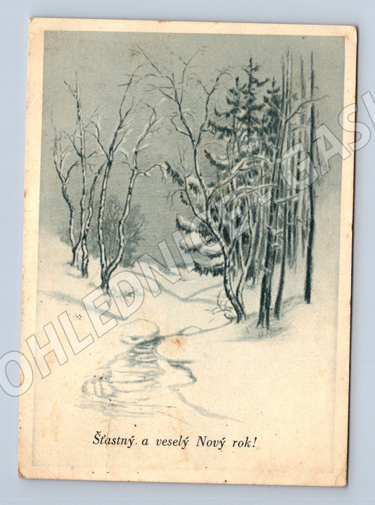 Pohlednice zimní krajina Nový rok 1930s (M27535)