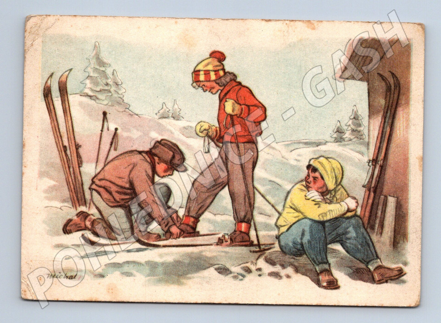 Pohlednice Lyžaři zimní motiv u chalupy 1950 (M27539)
