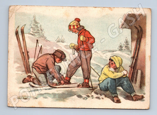 Pohlednice Lyžaři zimní motiv u chalupy 1950 (M27539)