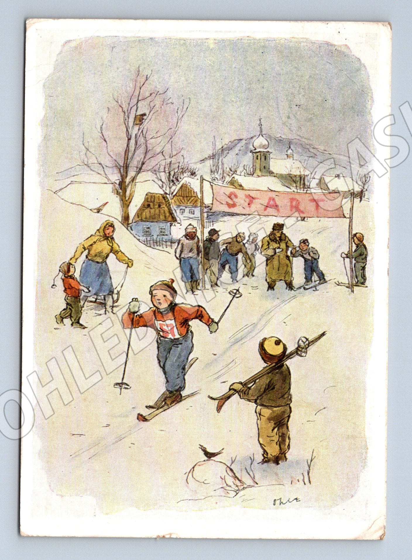 Pohlednice Zimní lyžařský závod kresba O. Oplt 1950 (M27540)