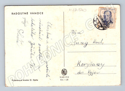 Pohlednice Zimní lyžařský závod kresba O. Oplt 1950 (M27540)