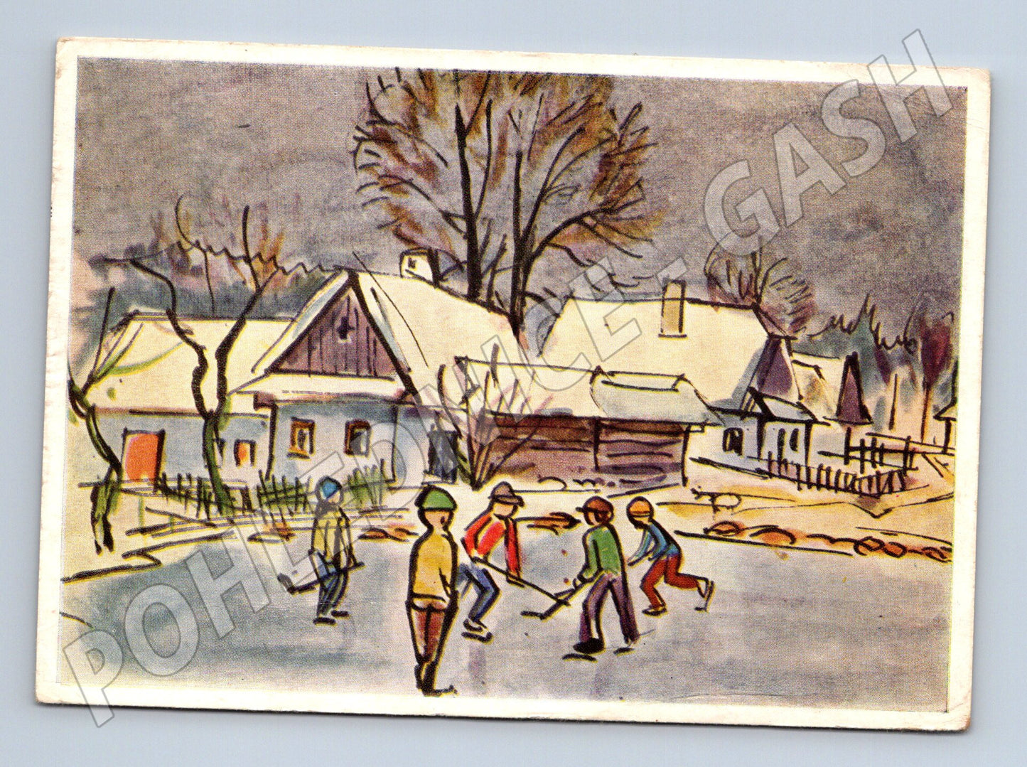 Pohlednice zimní scéna děti hrají hokej 1963 (M27544)