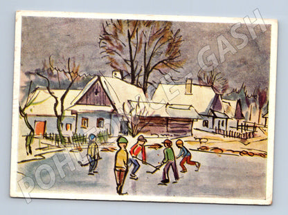 Pohlednice zimní scéna děti hrají hokej 1963 (M27544)