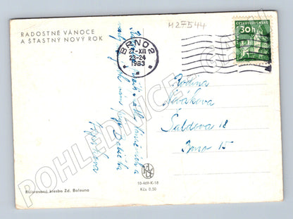 Pohlednice zimní scéna děti hrají hokej 1963 (M27544)