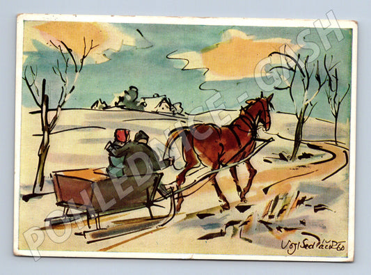 Pohlednice zimní motiv s koněm a saněmi 1962 (M27545)