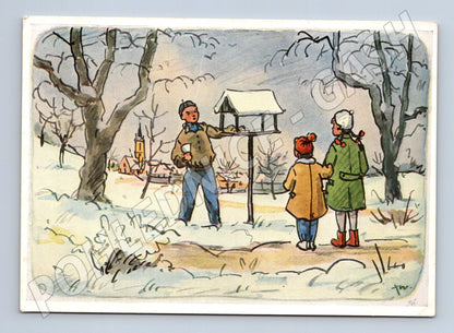 Pohlednice Zimní motiv děti krmí ptáčky 1950 (M27546)