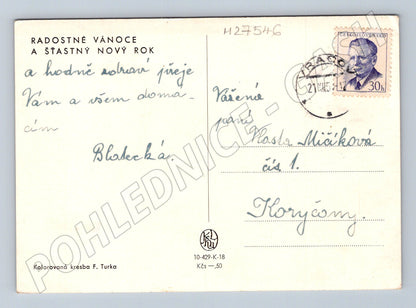Pohlednice Zimní motiv děti krmí ptáčky 1950 (M27546)