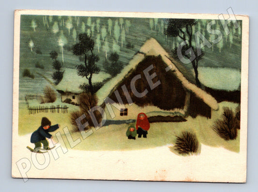 Pohlednice zimní krajina děti Vánoce 1961 (M27550)