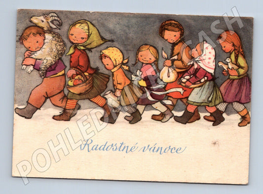 Pohlednice Radostné Vánoce děti s ovečkou 1917 (M27554)