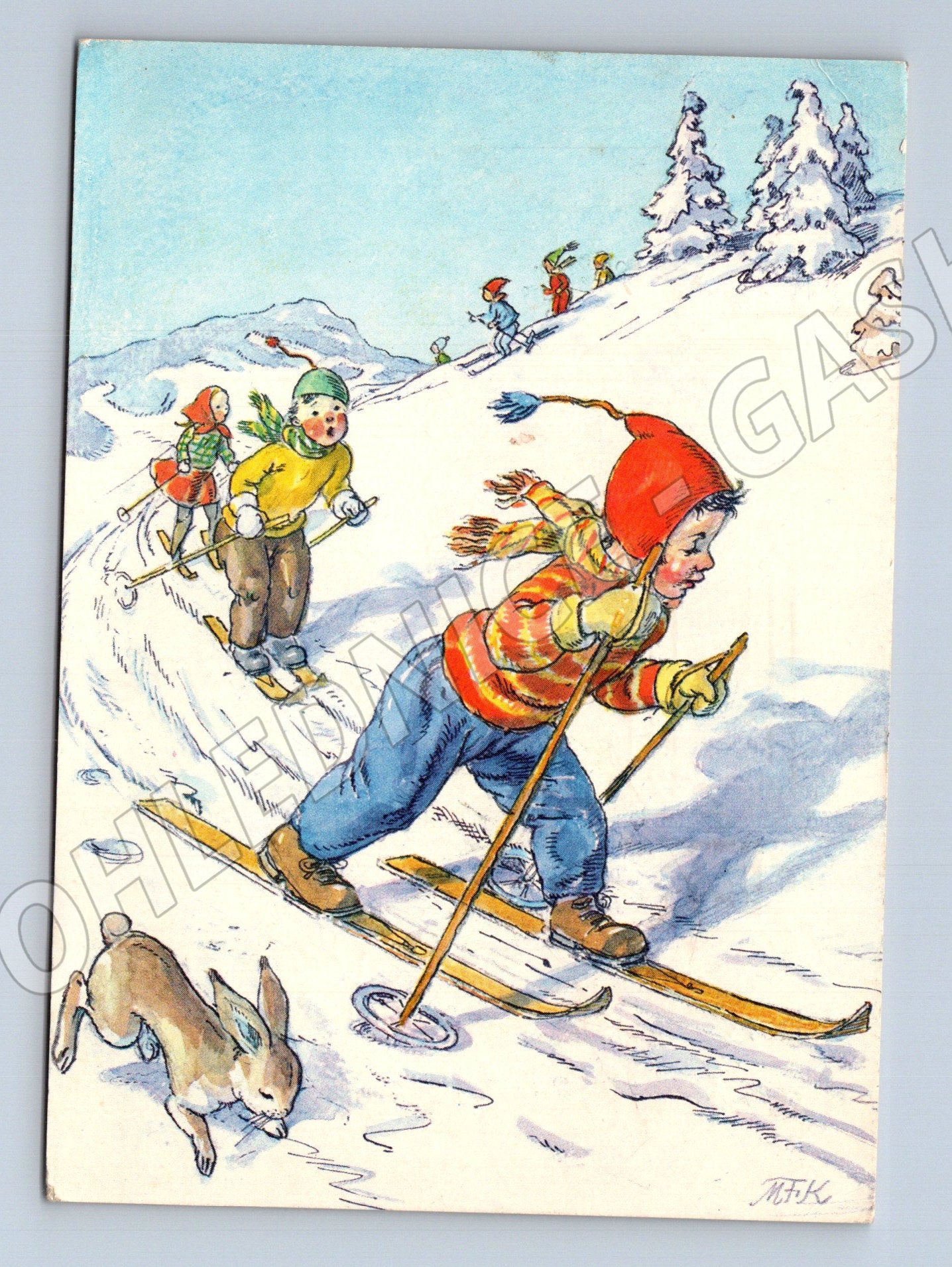 Pohlednice Humor lyžování králík děti 1975 (M27558)